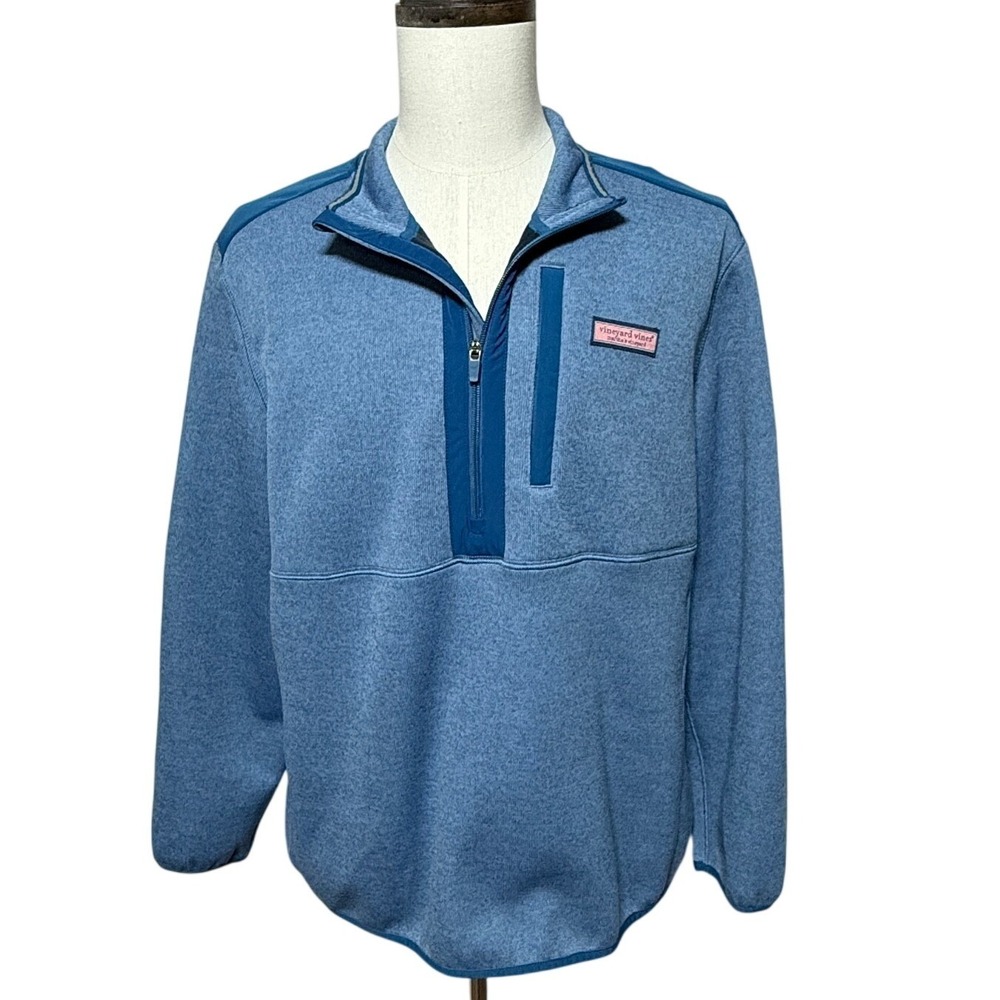 Vineyard Vines Mountain Sweater Men XL Blue Fleece 1/4 Zip Sweatshirt Zip Pocket - Picture 2 of 12